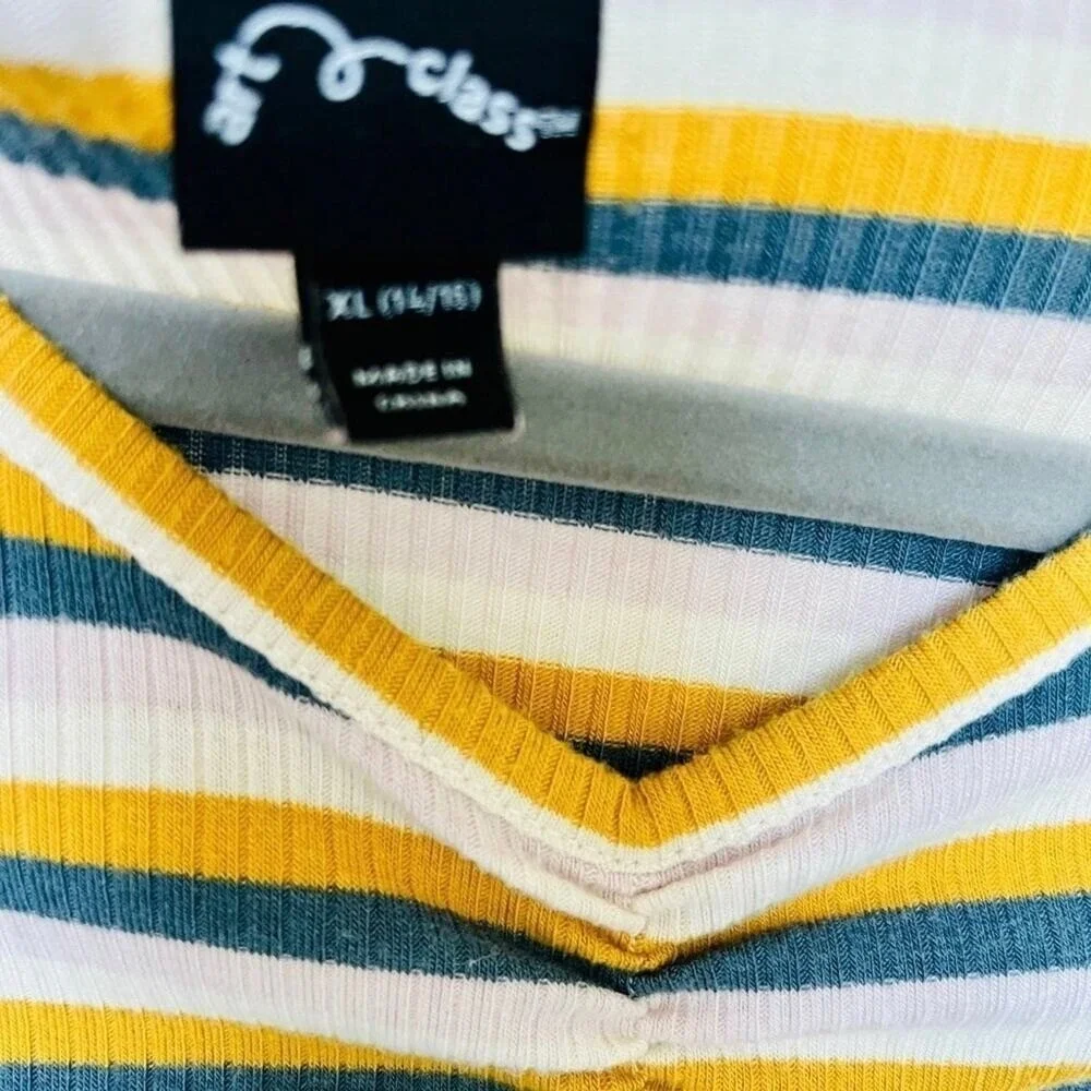 Girls XL 14/16 Long Sleeve Striped Ribbed Top Mustard Navy White V-Neck